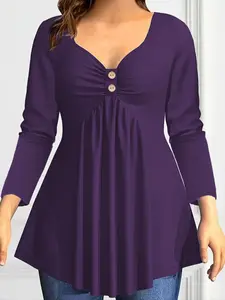 Elegant Plus Size Long Sleeve T-Shirt Blouse for Women, Chest Pleat Button Design, Perfect for Home Leisure Travel Vacation