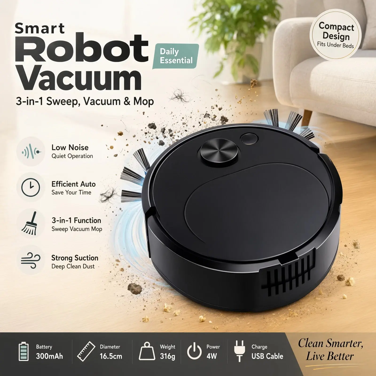 3-in-1 Cordless Robotic Vacuum Cleaner - Dry & Wet Cleaning for Home Floors