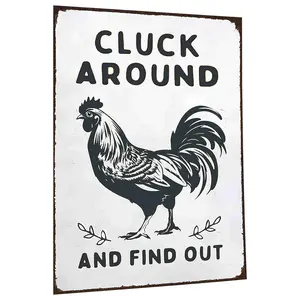 Funny Chicken Looking Around Vintage Metal Tin Sign with "CLUCK AROUND AND FIND OUT" Quote for Home Farmhouse Kitchen Garden Decorative Sign - 8x12 Inch