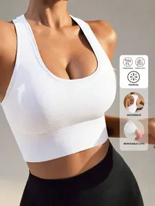 Women's Ribbed Knit Backless Sports Bra, Quick-Dry Breathable Comfortable Fitness Top, Indoor Outdoor Workout Wear, Yoga Clothes