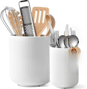 Large Kitchen Utensil Holder Set of 2, 7.3" + 5.4" Ceramic Cooking Utensil Holder for Countertop, Large Utensils Crock for Counter, Utensil Storage Organizer for Spatula, Kitchen Decor Knives Metal