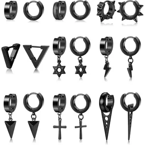 FINREZIO 9 Pairs Stainless Steel Punk Hoop Earrings for Men Women 14MM Small Black Kpop Huggie Earrings Set Triangle Cross Hinged Dangle Earring Punk Earrings Set Jewelry Daily