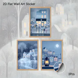 2D Flat Wall Art, 3Pcs PVC Self-Adhesive Wall Decal, Cozy Winter Town & Snowy Night Scenery Prints, Whimsical Blue Tone Aesthetic Decor for Bedroom, Living Room,Perfect for Creating a Warm, Dreamy Home Vibe