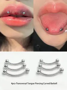 4pcs Set 1.2mm Stainless Steel Tongue Piercing Jewelry, Curved Barbell for Tongue, Lip, Eyebrow, Banana Bells for Daily Wear