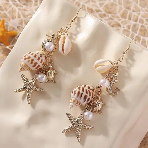Boho Style Shell & Starfish Design Dangle Earrings, Dangling Earrings, Beachy Earrings, Ear Accessories, High Quality Earrings, Fashion Jewelry, Stylish Jewelry for Party, Daily Clothing Decor, Trendy All-match & Exquisite Jewelry for Birthday Gift