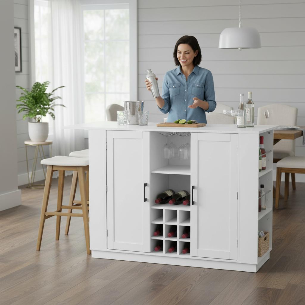 OPUL Kitchen Island with Storage, 47.2" Kitchen Island with Drop Leaf & Power Outlet, Wine Bar Cabinet with Bottle Rack & Glass Holder, Coffee Bar, 2-Door Buffet Sideboard with Side Shelves for Kitchen Dining Living Room, Melamine MDF