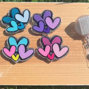 4 Styles Different Hearts Interchangeable Badge Reel, Glitter Heart Topper ID Holder Gifts