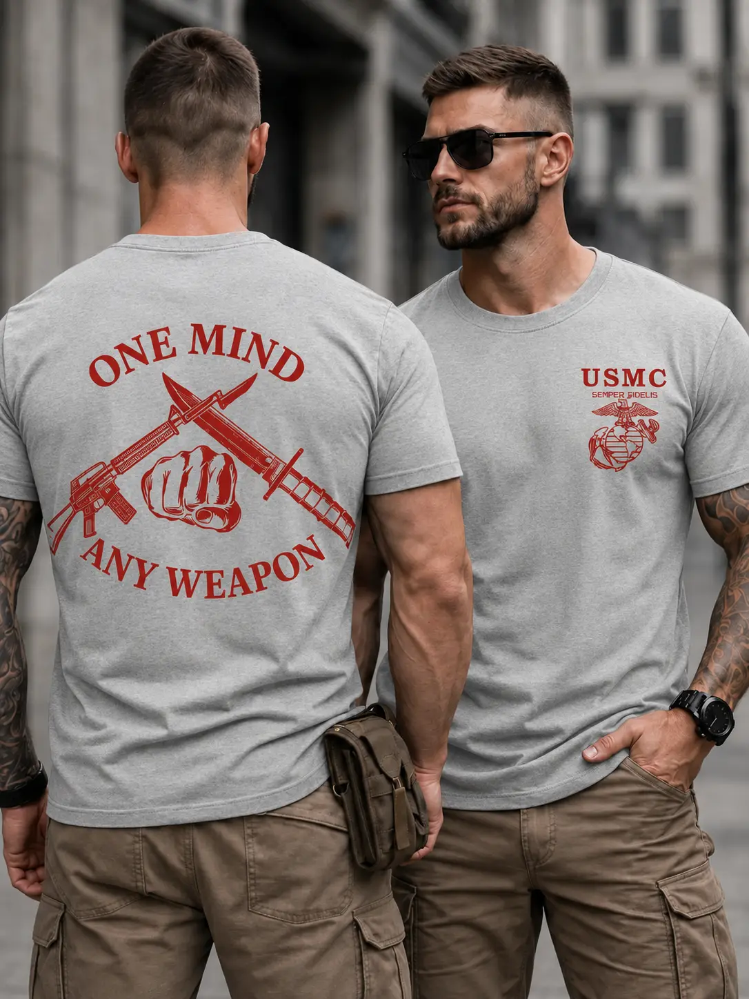 One Mind Any Weapon USMC T-Shirt, Marine Corps Inspired Front & Back Graphic Tee, Military Veteran Gift for Men