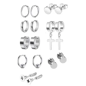 8 pairs of stainless steel earrings for men, hoop earrings for men, dangling cross earrings, zircon stud earrings set for men and women stackedlobeearrings