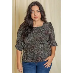 EG fashion Plus Polka Dot Square Neck Peplum Top