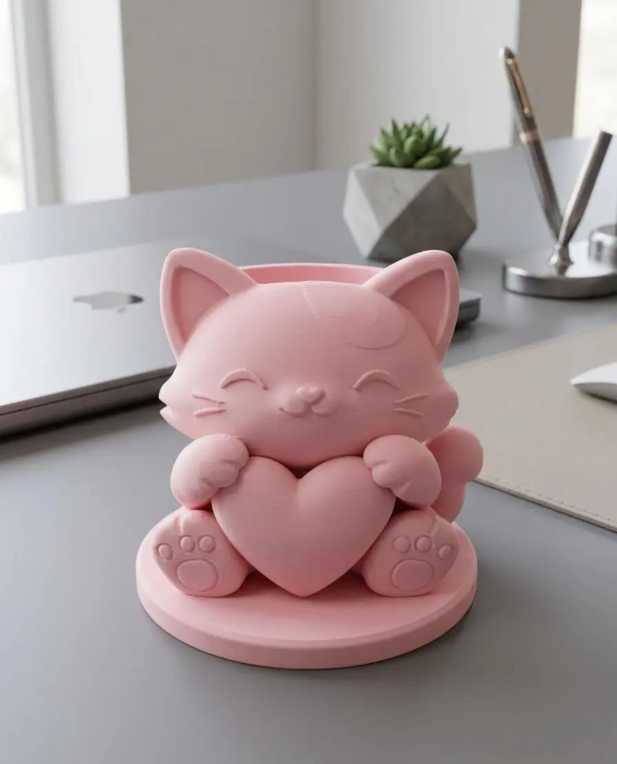 Kawaii Cat Heart Pencil Holder