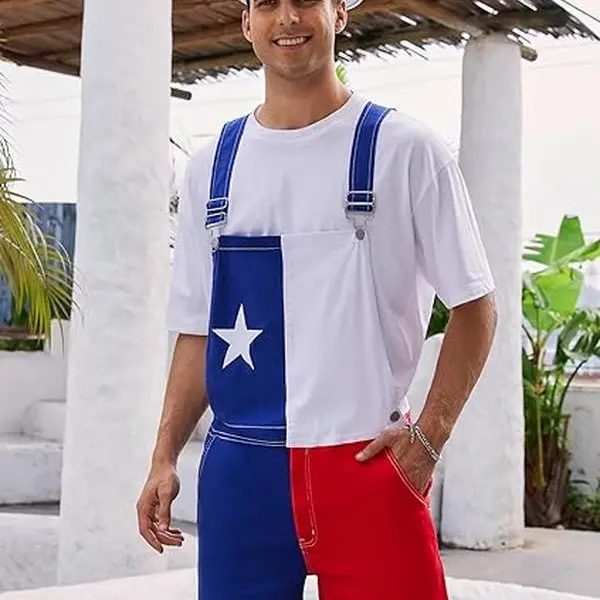 OPDNBON Texas Flag Stretch Bib Overalls for Men Adjustable Straps Work Coveralls Patriotic Printed Shorts Jumpsuit