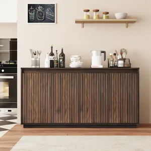 4-Door Walnut Sideboard with 4-Compartment Design, Built-In Power Outlets, Wavy Texture No-Handle Easy Access Cabinet, Freestanding Dining Room Storage, 4-Compartment Design Sideboards, Built-In Outlets Sideboards