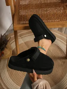 Women's Thick Sole Mule Slippers, Plush Platform Half Slipper Shoes, Textile Upper, Rubber Material, All Seasons Wear