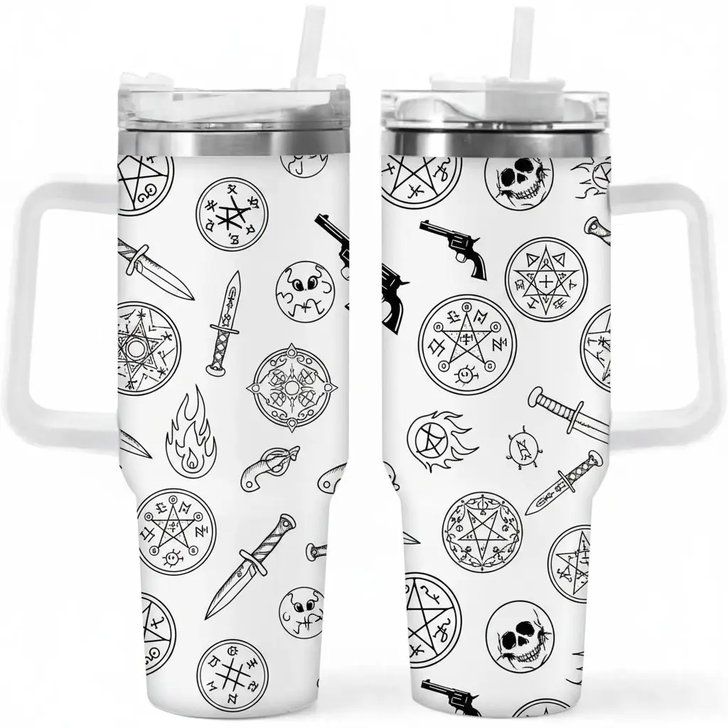 40oz Supernatural Themed Stainless Steel Thermal Vacuum Flask - Portable Reusable Tumbler with Ergonomic Handle and Leak-Proof Straw, Adorned with Mystical Pentagrams, Skulls, and Weapon Designs, Vacuum Insulated to Maintain Temperature, Ideal for Ou