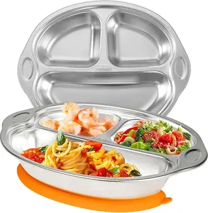 Mrs. Chou Stainless Steel Baby Suction Plates Divided Designed for Babies and Toddlers, Made of 100% Food-Grade Materials Ideal for Baby-Led Weaning BPA-Free Toddler Feeding Supplies Dishwasher Safe