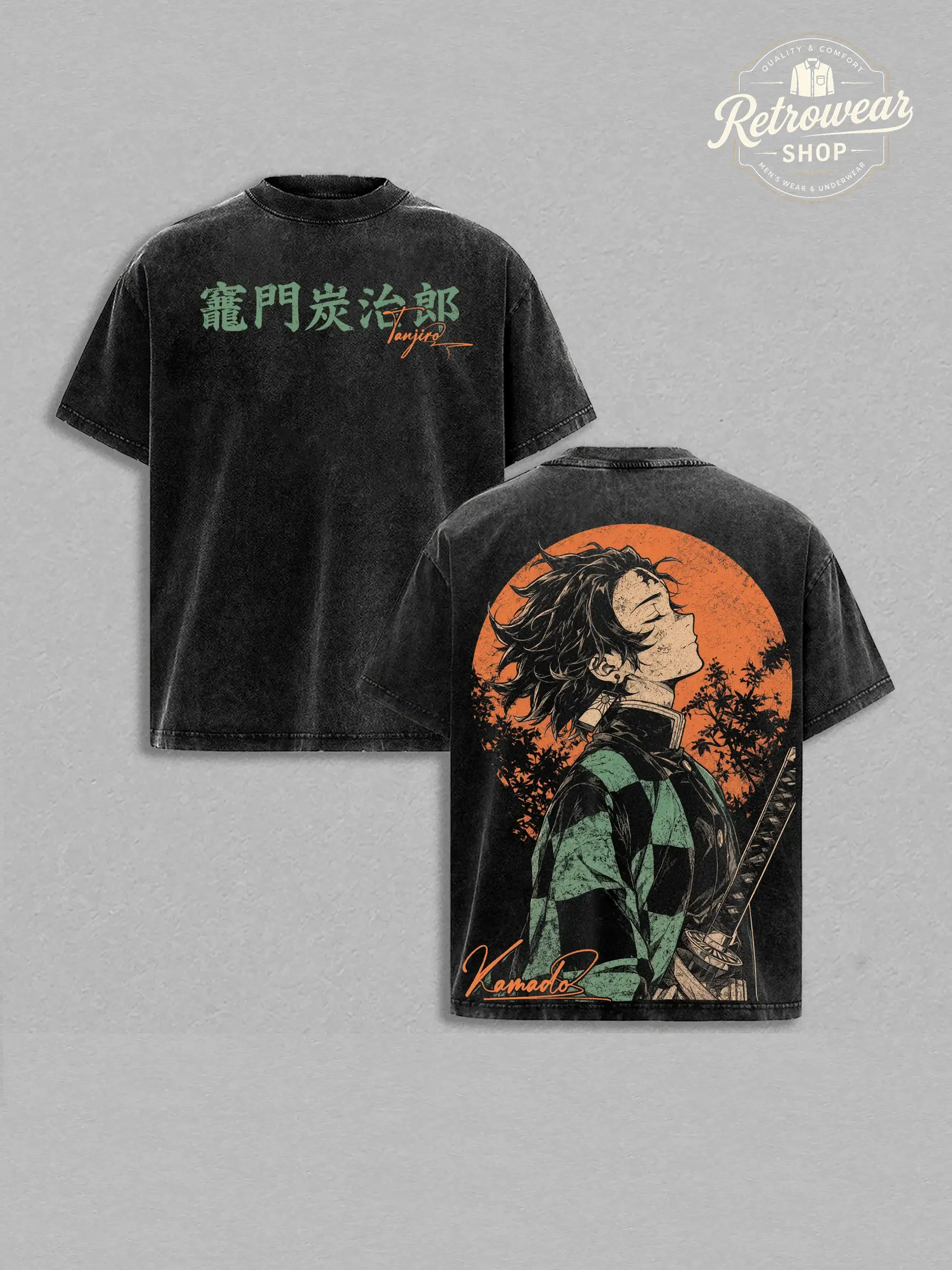 Tanjiro Kamado Demon Slayer Infinity Castle Double-Printed Retro Vintage Washed Oversize Menswear Streetwear Short-Sleeve T-Shirt, Heavyweight Cotton Unisex Top with Shoulder Tape & Rib Details, Casual Style