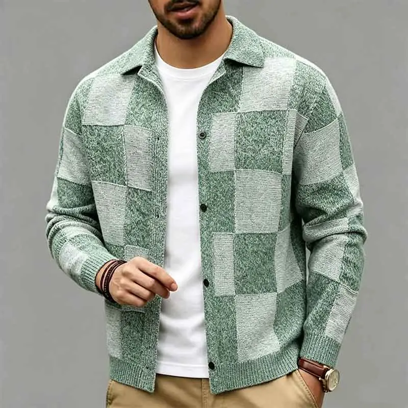 Vintage green checkered knit cardigan for men with lapel collar and button-down design