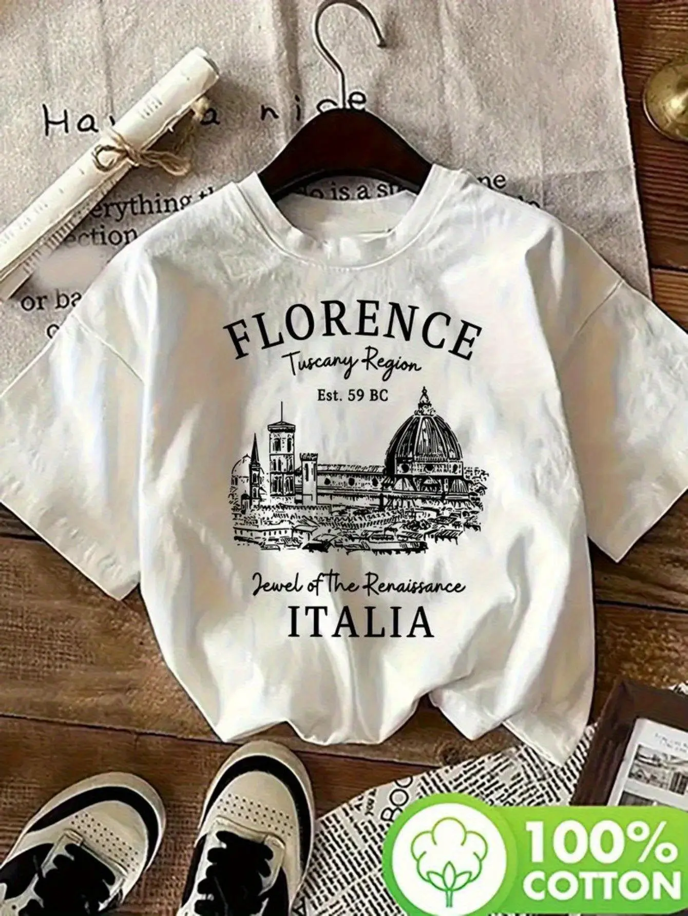 Unisex Graphic Tee Italy Florence Rome Travel Print Vintage European Aesthetic Casual Design Oversized T Shirt Streetwear Style Crewneck Short Sleeve 100% Cotton 180GSM Soft Breathable Loose Fit Daily Wear Vacation Party Outfit Trendy Fashion Gift Top
