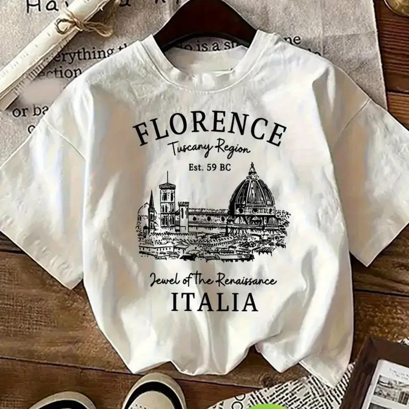 Men's Unisex 180GSM Sturdier 100% Cotton Stripe Short-Sleeve Round Neck Oversized Tshirt - Italy Florence Rome Peel-Resist Print, Minimalist Vintage European Aesthetic, Casual Streetwear, Loose Soft Breathable Fit, Daily Vacation Outfit