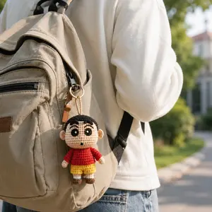 Shin Chan Crochet Car Hanging Charm – Handmade Amigurumi Mirror Decor, Cute Anime Backpack Pendant Gift for Fans