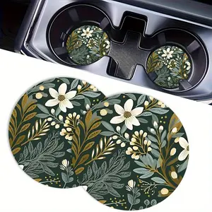 2pcs Green Flowers and Plants Car Coasters, Round Desk Water Cup Coasters, Car Interior Decorations And Gifts, Car Accessories