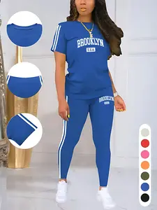 Letter Print Casual Sporty Round Neck Short Sleeve and Long Pants Set, Fitted Style, Two-Piece for Everyday Wear, Athleisure Sportswear Set, Athleisure Workout Set