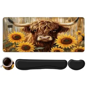 4pcs Highland Cow with Sunflowers Design Mouse Pad + Keyboard Wrist Rest + Ergonomic Mouse Pad + Coaster Set For Desktop Decoration, Office Accessories Set Ergonomic Wrist Support, Computer Mat Mouse Pad Coaster Suitable For Home Office Gaming Mousepad