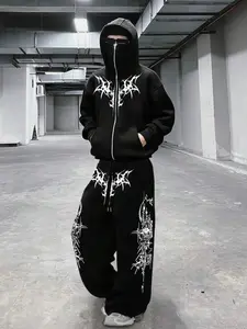 Unisex Black & White Gothic Thorn Tracksuit Set – Zip-Up Hoodie & Baggy Pants, Extreme Metal Streetwear Design, Oversized Casual Two-Piece, Soft Fleece Fabric, Perfect for Alternative Style Fans, Durable High-Quality Print, Tracksuit Outfit