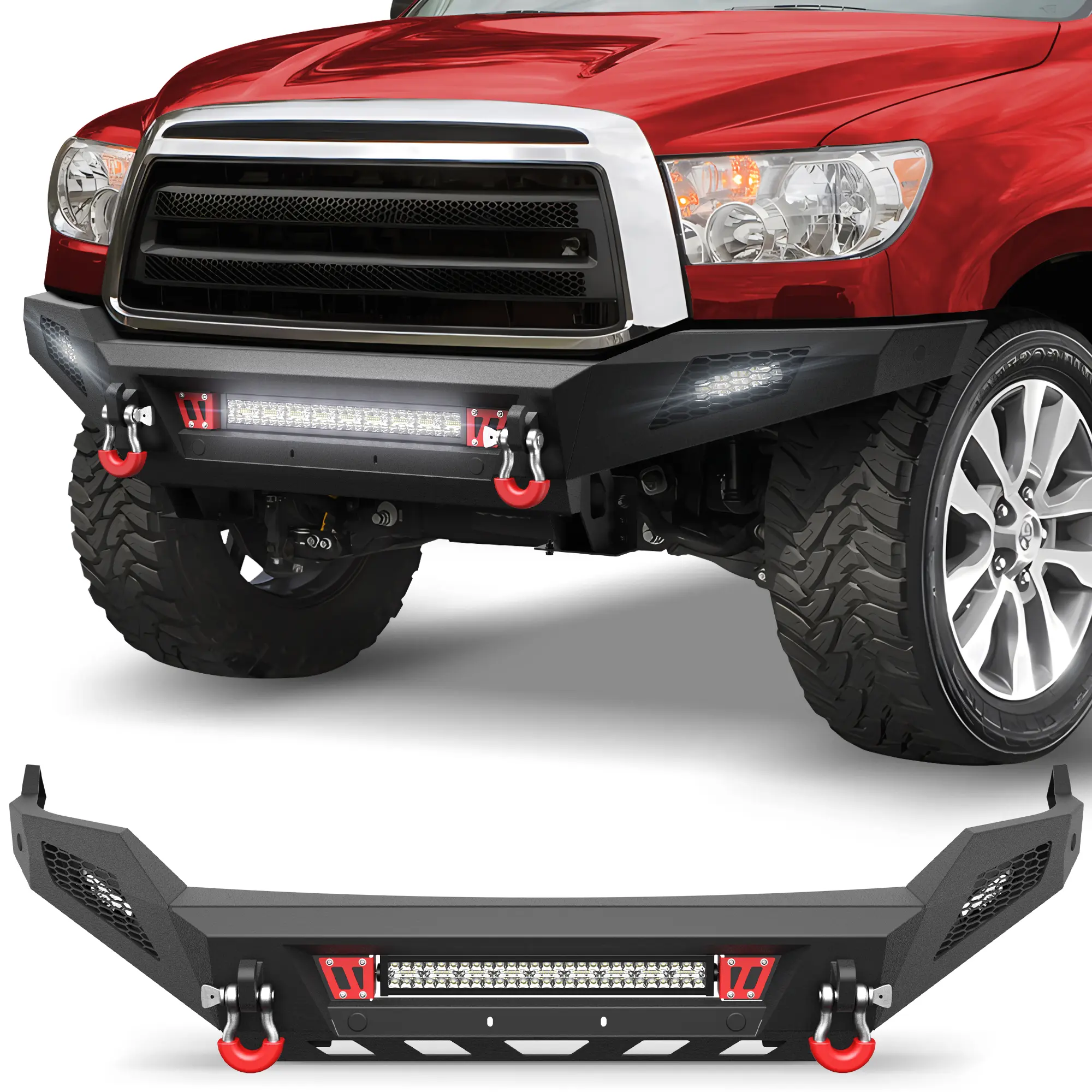 Longsun 3-Piece Carbon Steel Front Bumper for 2007-2013 Toyota Tundra Classic, Perfect-Fit Auto Replacement Part with 144W LED Light Strips, D-Rings, Pre-Drilled License Plate Bracket, Rigid Bars, Secure Mounts, Rugged Look Upgrade