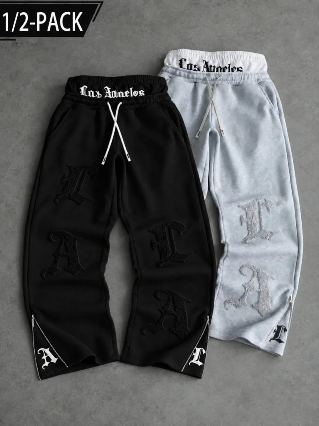 Men’s Autumn 1/2 Pack Hip Hop Flare Sweatpants, Double Waistband With Los Angeles Gothic Print, 3D Terry Towel Embroidery Letter Graphics, Side Zipper Split Hem, Loose Fit Streetwear Trousers for Daily Casual & Street Styling