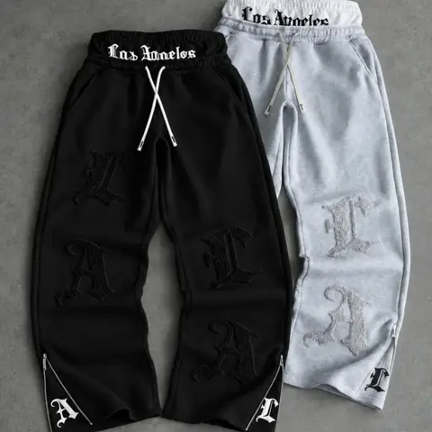 Men’s Baggy Hip Hop Flare Sweatpants - Male Clothing, Mid Waist Double Bands, 2-Tone Belt, Los Angeles Gothic Print, 3D Terry Towel Embroidery Letters, Side Zipper Split Hem, Loose Fit Autumn Streetwear Trousers for Daily Casual