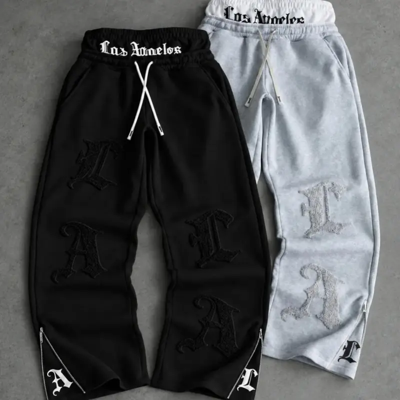 Men’s Baggy Hip Hop Flare Sweatpants - Male Clothing, Mid Waist Double Bands, 2-Tone Belt, Los Angeles Gothic Print, 3D Terry Towel Embroidery Letters, Side Zipper Split Hem, Loose Fit Autumn Streetwear Trousers for Daily Casual