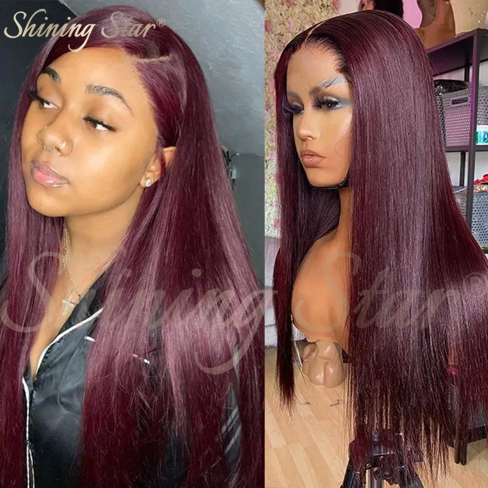 Women's Dark Burgundy 99J Red Brazilian Straight Remy Human Hair Wig, 13x4-13x6 HD Transparent Lace Frontal, Heat Resistant Lace Front Wig, Heat Resistant Wig