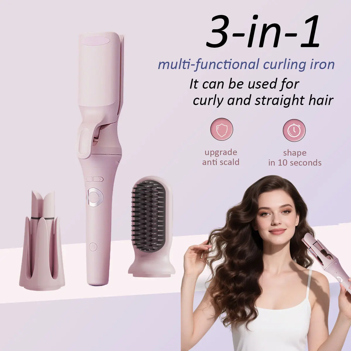 Hair Styler Tool Set 3-in-1 with Beach Wave Iron Water Wave Curling Iron 28mm Curler & Straightener Brush Fast Heating 3 Levels for All Hair Types Professional Salon Quality, Hair Straighteners, Straightening Comb