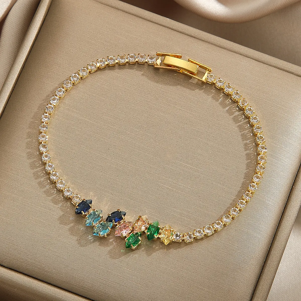 Women's Gold Rainbow Gemstone Tennis Bracelet with Crystal Beads, Multicolored Costume Jewelry for Good Fortune and Protection, Blessed Radiant Daily Wear Wrist Accessory, Bracelets Jewelry, Fashion Bracelets