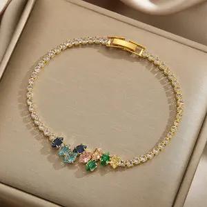 Women's Gold Rainbow Gemstone Tennis Bracelet Lucky Multicolored Crystal Wrist Jewelry for Good Fortune and Protection Blessed and Radiant