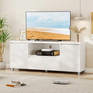 63in TV Stand for 60/65/70 Inch TV, Fluted Entertainment Center with Storage Drawer and Open Shelves, Modern TV Console Media Cabinet for Living Room, Bedroom, White