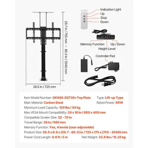 VEVOR Motorized TV Lift Stand, 120 lbs max Load Adjustable TV Lift Stand Mount Bracket, Vertical Electric TV Bracket with Remote Control, Motorized TV Stand with Max VESA 24x 16 in, for 32-70 in TVs