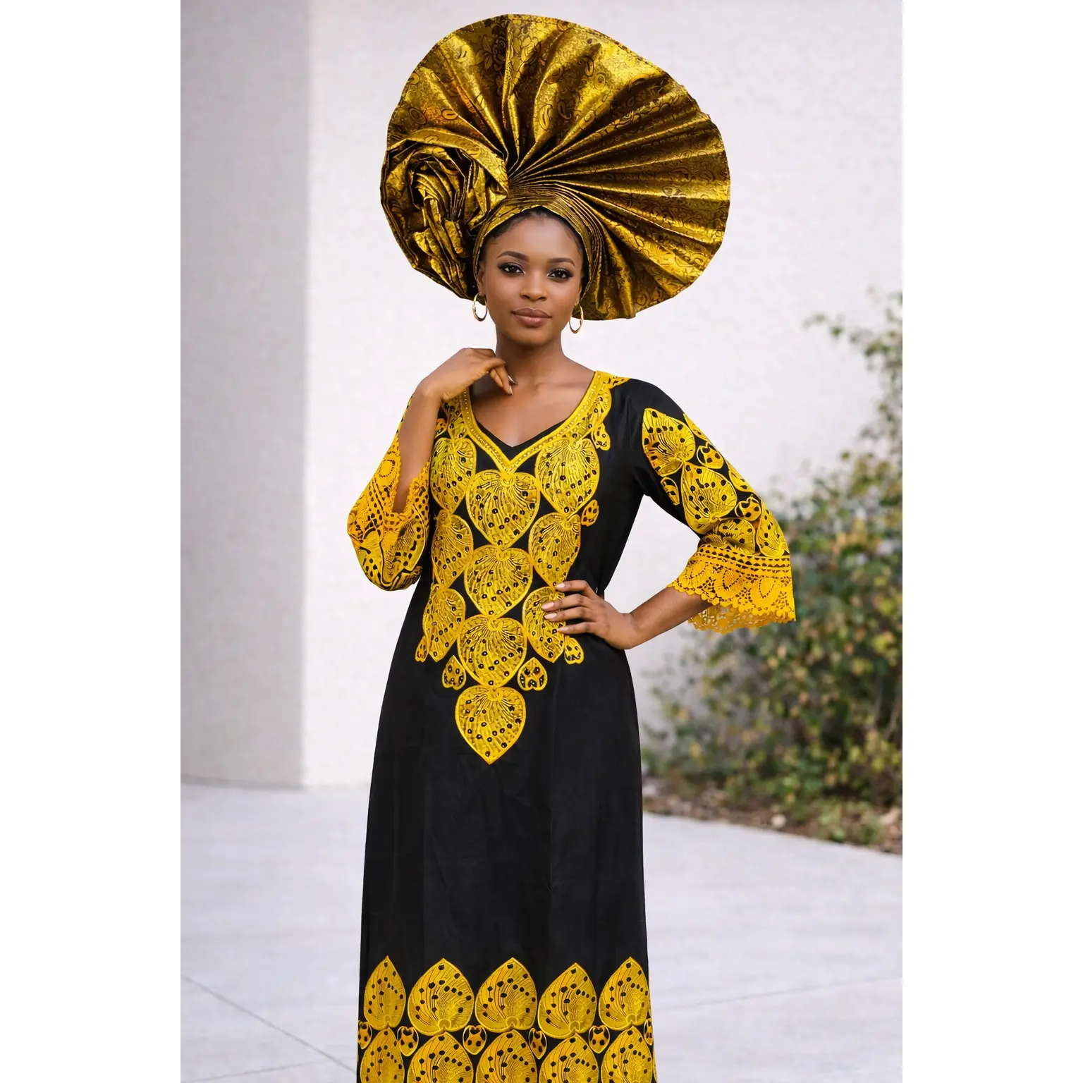 Women's Regal African Ensemble, 2-Piece Embroidered Dress with Sculpted Gold Gele for Weddings & Formal Events, Accessories, Women's Clothes, Costumes, V-Neck, Leaf Motifs