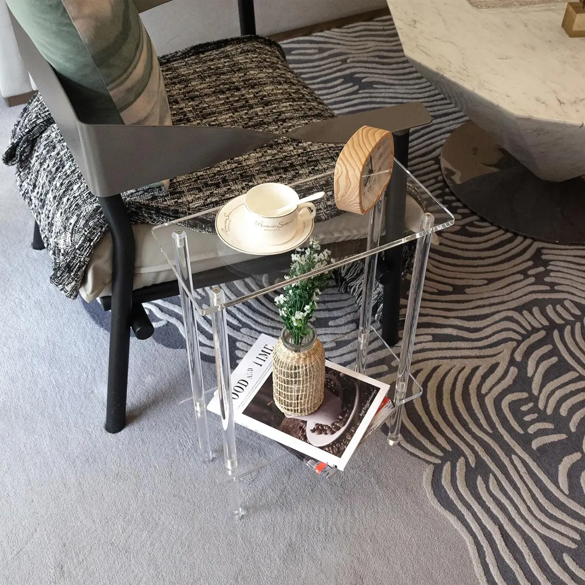 Transparent Acrylic Square Modern Side Table, Small Narrow End Table for Bedroom Living Room Bathroom Coffee Table Easy Assembly Home Decor Modern Accent Table