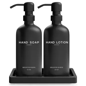 Black Glass Soap and Lotion Dispenser Set with Tray by Brighter Barns - Hand Soap Dispenser Bathroom Set & Stainless Steel Pump for Home - Black Bathroom Accessories, Modern Decor (Black)