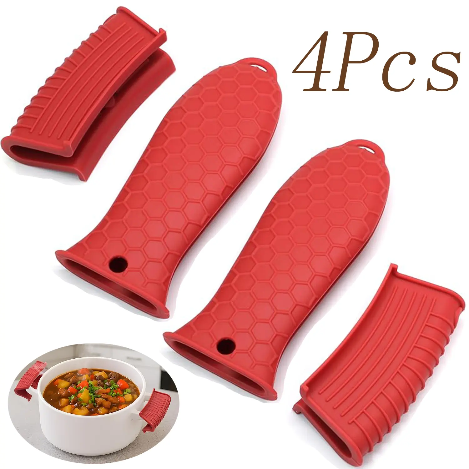 4 Pcs Red Silicone Hot Handle Holder,Cast Iron Handle Cover,Heat Resistant Material Pot Handle Holders,for Metal Pans, Griddles
