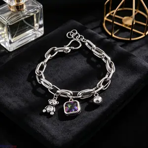 Chunky Teddy Bear Charm Bracelet Silver-Tone Thick Chain with Crystal Accent Street Style Grunge Y2K Jewelry Gift for Her