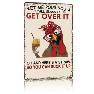 Get Over It Chicken Metal Sign - Sassy 'Suck It Up' 8x12inch Aluminum Sign for Humorous Decor with Chicken Pouring a Tall Glass and Straw