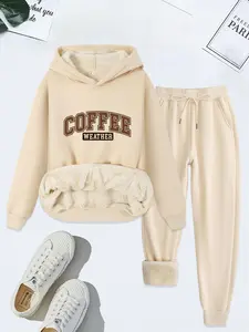 Women's Letter Print Thermal Lined Hoodie & Drawstring Waist Sweatpants Two-piece Set, Casual Long Sleeve Hooded Sweatshirt & Pocket Pants, Women's Fall & Winter Clothes