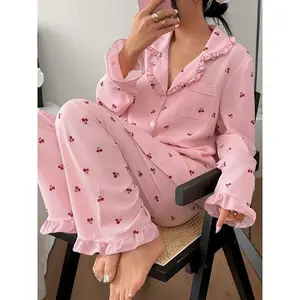 Women's pajama set, cherry print pleated long sleeved pajama, front collar open comfortable pajama, soft button top and elastic pantsRAIMENTRY