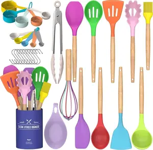 Kitchen Cooking Utensils Set, 33 pcs Non-stick Silicone Cooking Kitchen Utensils Spatula Set with Holder, Wooden Handle Silicone Kitchen Gadgets Utensil Set (Colorful)