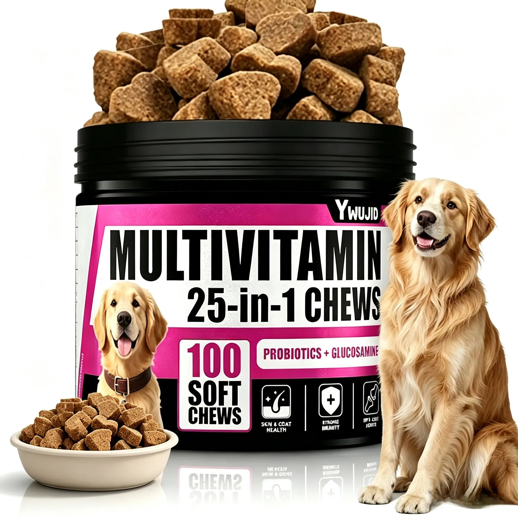 YWUJID 25-in-1 Dog Multivitamin Chews - Probiotics & Glucosamine for Joint Support, Skin & Coat Health, Immune, Gut & Heart Care, Omega-3 - All Breeds Puppy Adult Senior