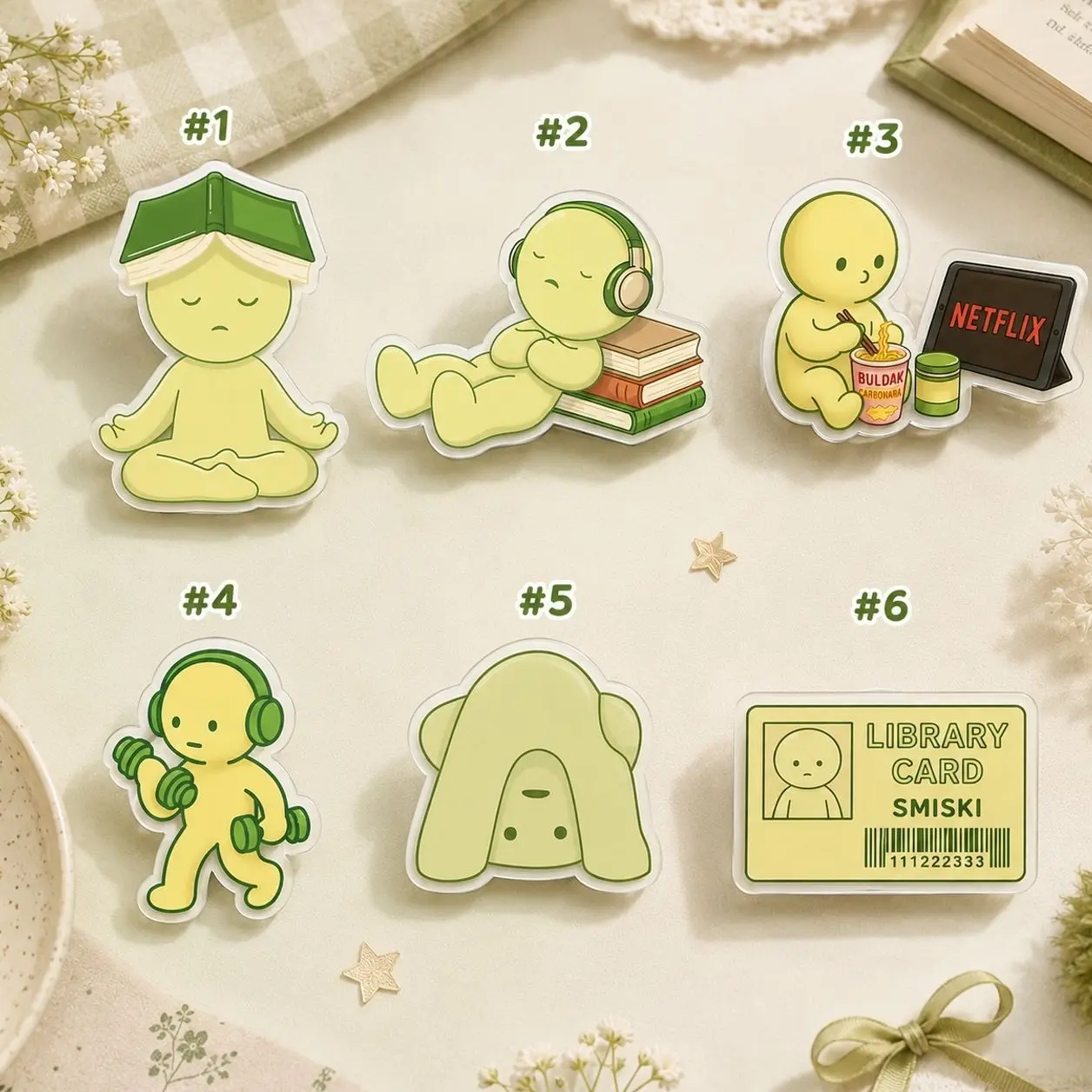 6 Styles Cute Green Character Magnetic Phone Grip Set, Kawaii Reading Aesthetic Phone Stand Collection, Foldable Phone Holder Accessories